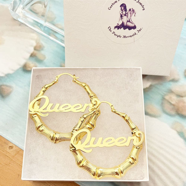 bamboo name hoop earrings queen