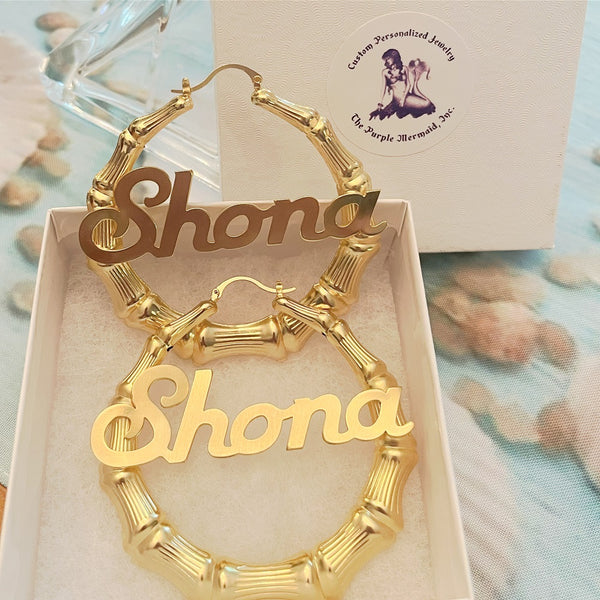 bamboo name hoop earrings