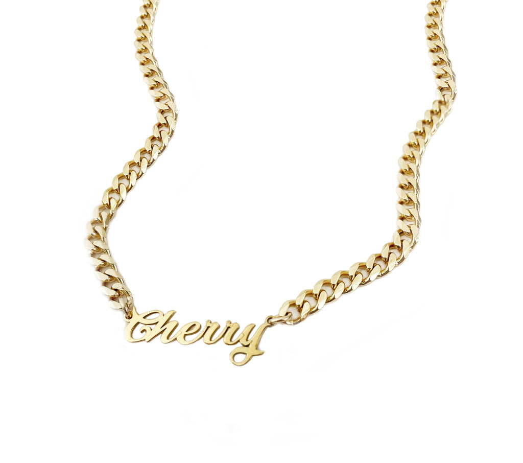 miriam merenfeld nameplate on cuban link chain