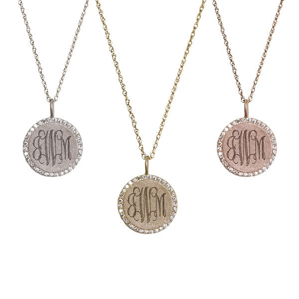 1 inch 14k White Gold Monogram Engraved Disc Charm Necklace