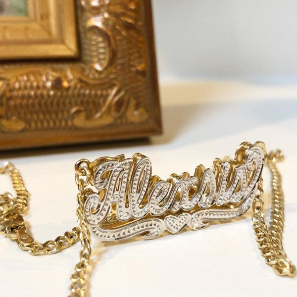 Beaded Double Plated Nameplate Necklace on Cuban Chain 2