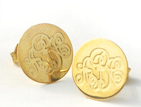 Round Engraved Monogram Earrings by Purple Mermaid Designs Apparel & Accessories > Jewelry > Earrings - 1