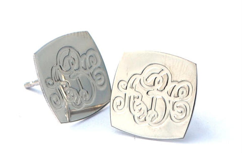 Square Engraved Monogram Earrings by Purple Mermaid Designs Apparel & Accessories > Jewelry > Earrings