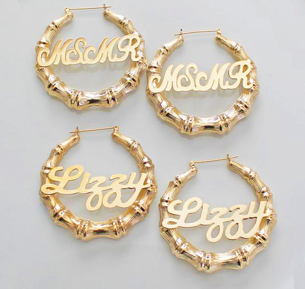 Gold Large Bamboo Name Earrings by Purple Mermaid Designs Apparel & Accessories > Jewelry > Earrings - 2