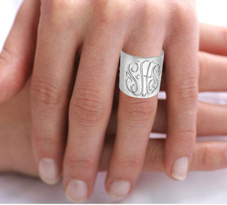 Silver Hand Engraved Monogram Cuff Ring
