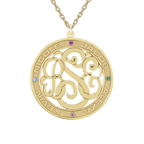 Classic Border Round Cutout Monogram Birthstone Necklace