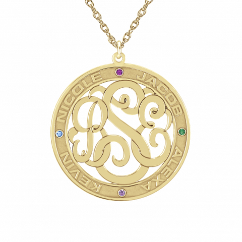 Classic Border Round Cutout Monogram Birthstone Necklace