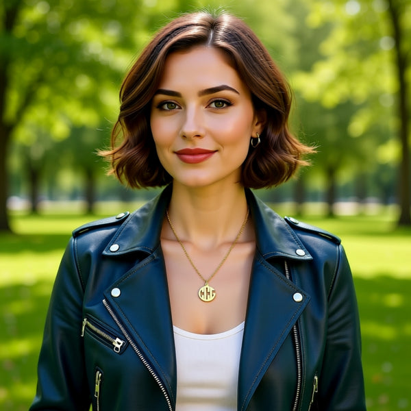 Gold Cutout Round Monogram Necklace on a person