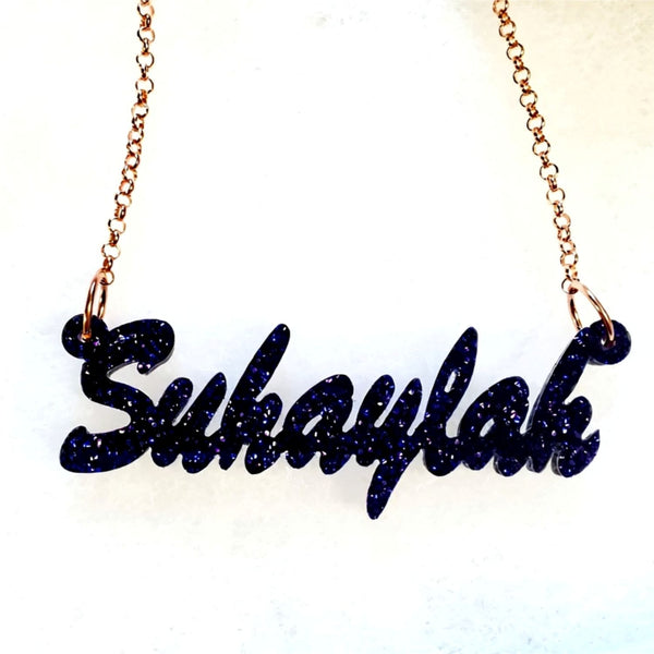 Script Acrylic Nameplate Necklace by Purple Mermaid Designs Apparel & Accessories > Jewelry > Necklaces - 3
