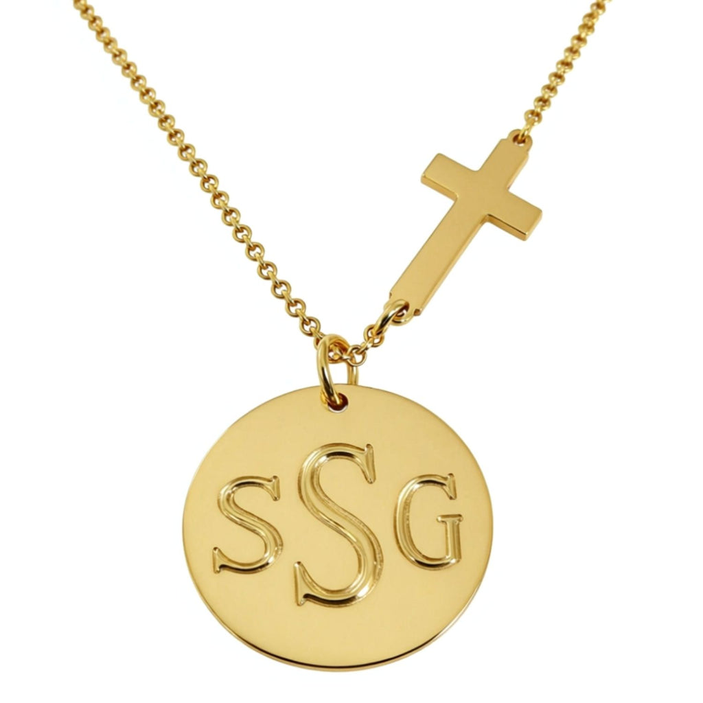 Gold Engraved Disc and Side Cross Necklace by Purple Mermaid Designs Apparel & Accessories > Jewelry > Necklaces - 1