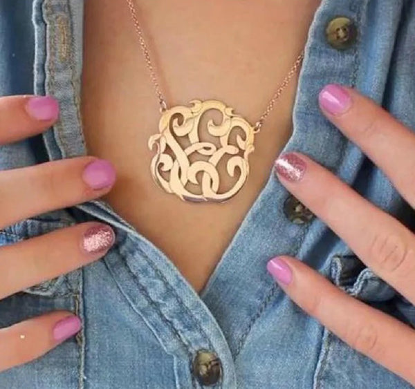 Gold Monogram Necklace-1 1/2 Inch-Purple Mermaid Designs 2