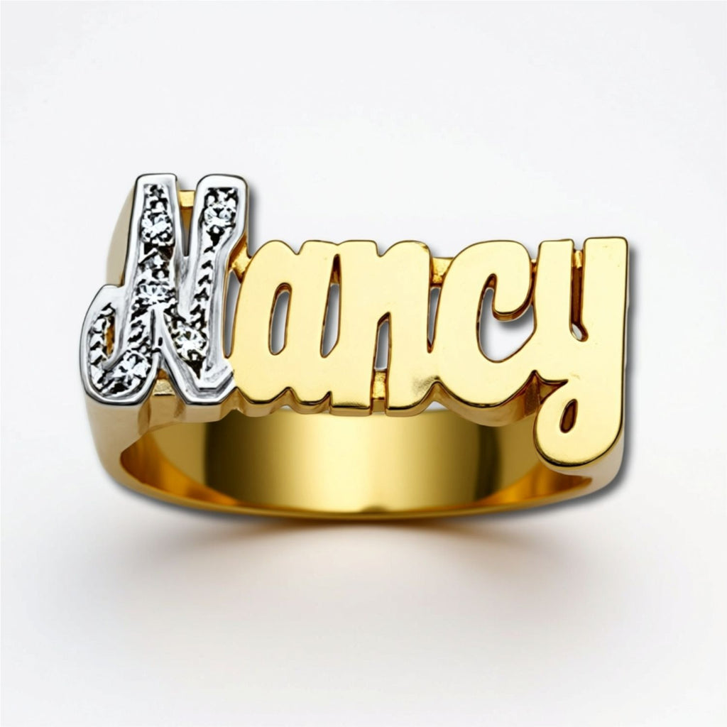 Large Gold Name Ring with Diamonds