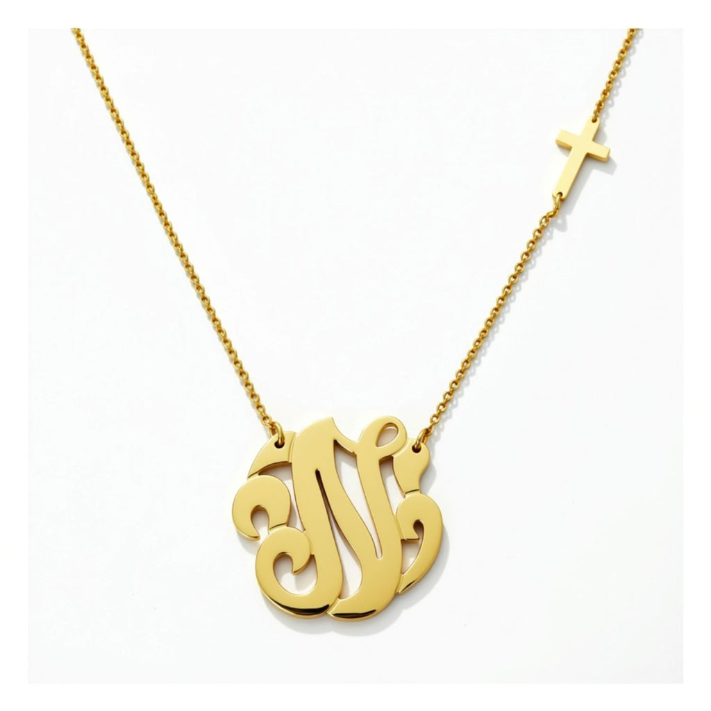 Swirly Initial Necklace with Sideways Cross by Purple Mermaid Designs Apparel & Accessories > Jewelry > Necklaces