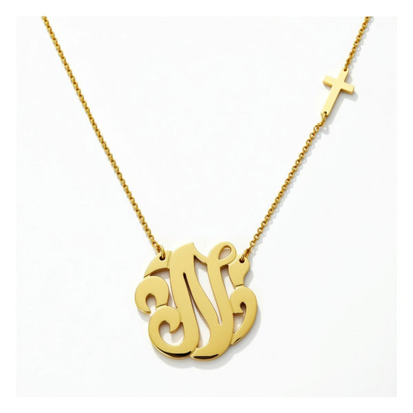 Swirly Initial Necklace with Sideways Cross by Purple Mermaid Designs Apparel & Accessories > Jewelry > Necklaces