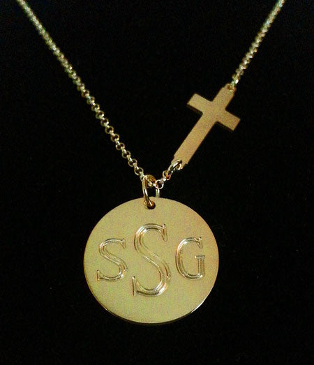 Gold Engraved Disc and Side Cross Necklace by Purple Mermaid Designs Apparel & Accessories > Jewelry > Necklaces - 1