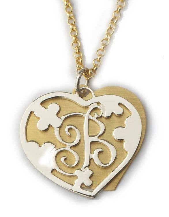 Mixed Metal Double Heart Initial Necklace by Purple Mermaid Designs Apparel & Accessories > Jewelry > Necklaces - 1