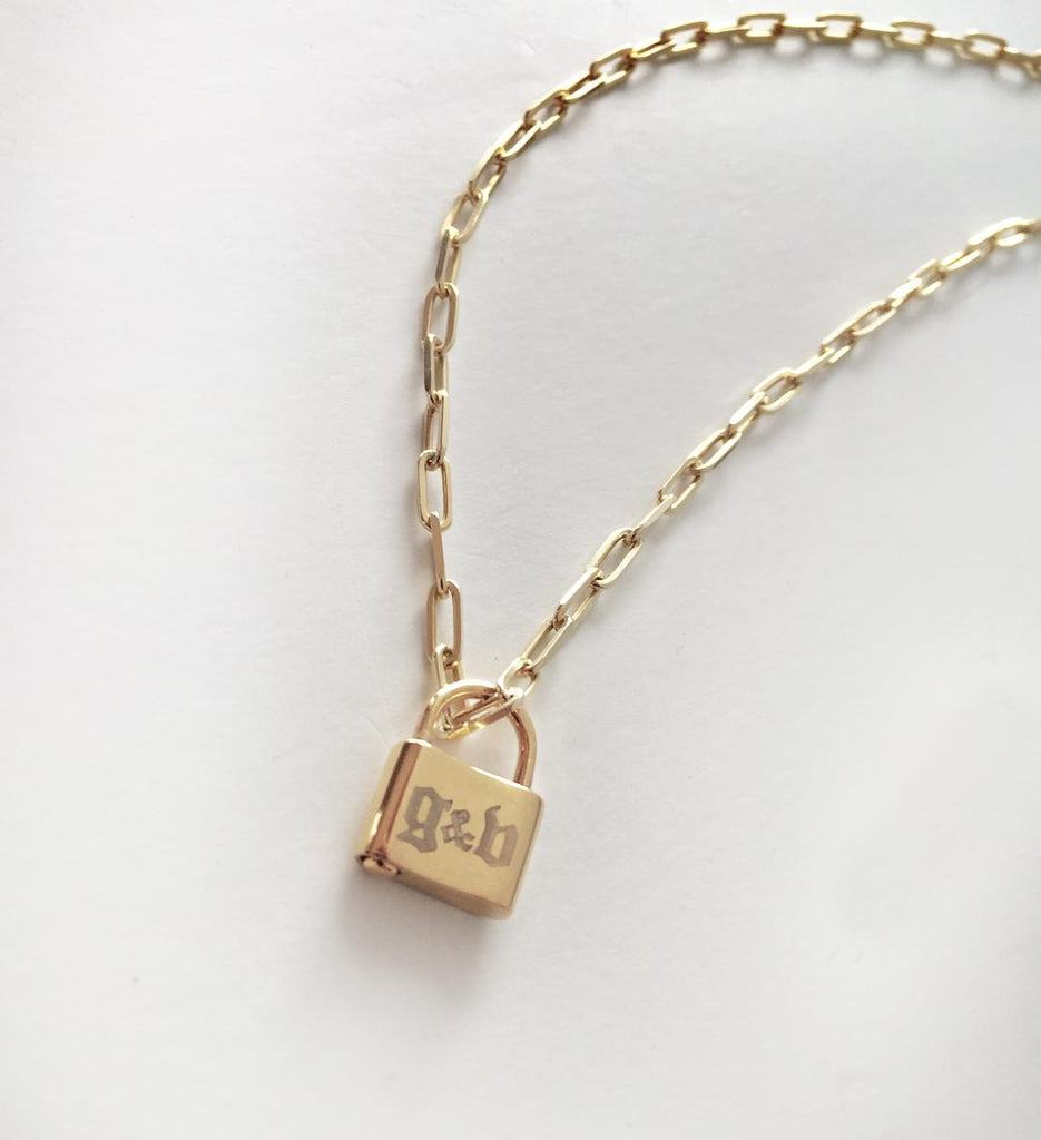 Engraved Gothic Lock Necklace on Paperclip Chain by Miriam Merenfeld