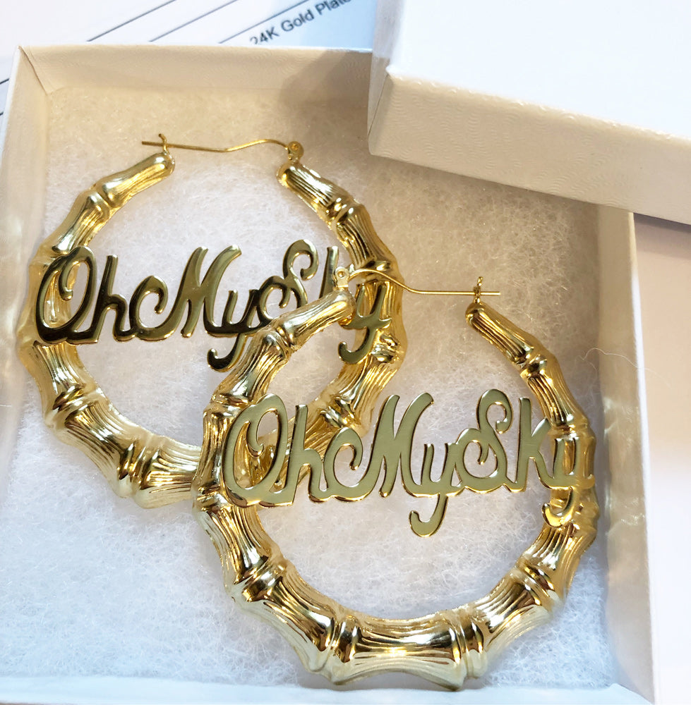 thumbnail image 2 of Personalized 14K Gold Plated Bamboo Name Earrings | Round Hoops, Any Name, Joolsie Co. 2 of 6