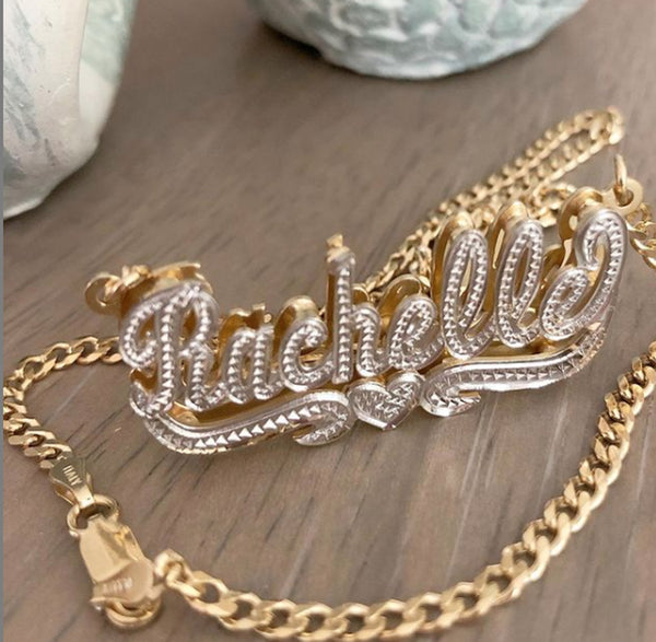 Beaded Double Plated Nameplate Necklace on Cuban Chain