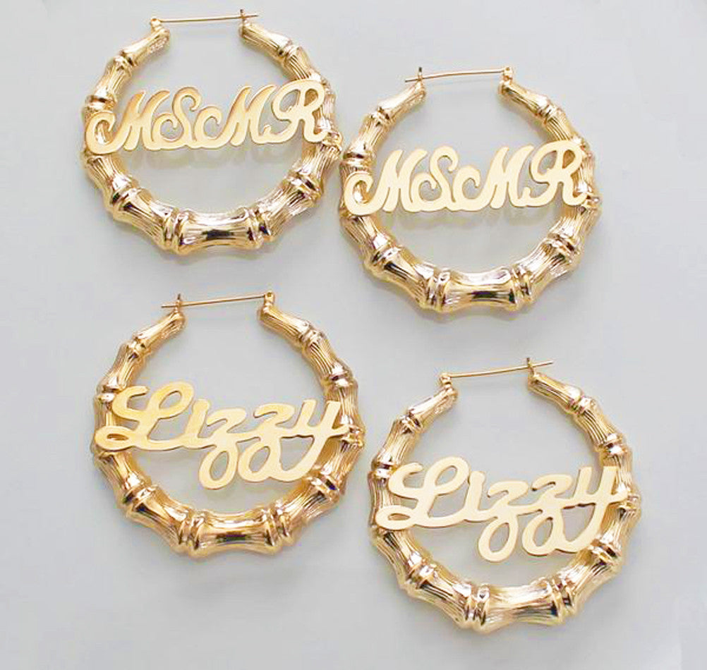 Large Bamboo Name Earrings by Purple Mermaid Designs Initial Obsession