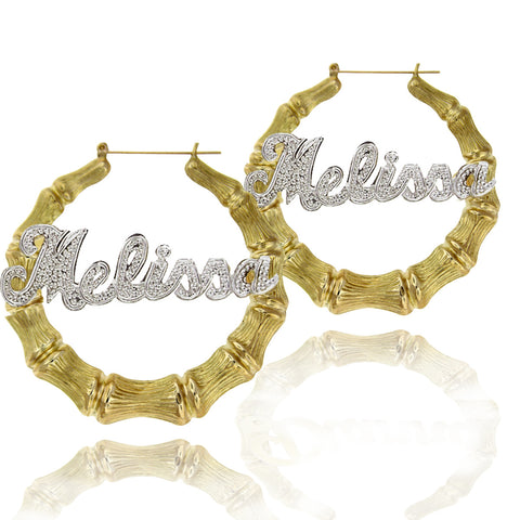 Mixed Metal Large Bamboo Name Hoop Earrings