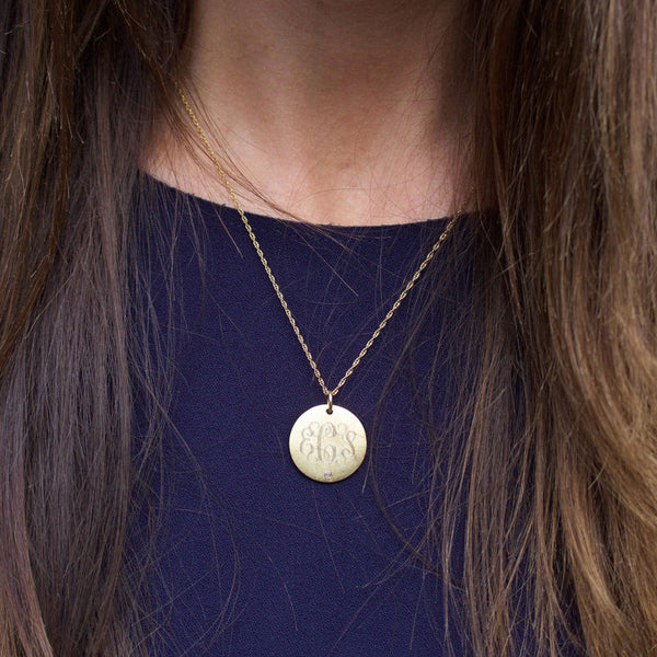 Medium Engraved Disc Necklace with Diamond