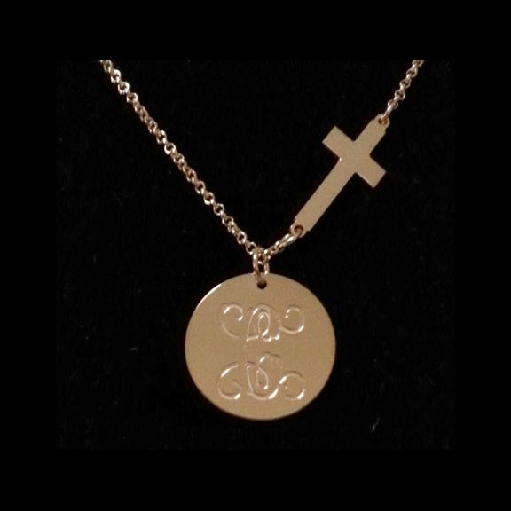 Gold Engraved Disc and Side Cross Necklace by Purple Mermaid Designs Apparel & Accessories > Jewelry > Necklaces - 2