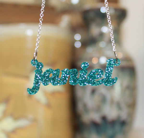 Fancy Script Acrylic Nameplate Necklace by Purple Mermaid Designs Apparel & Accessories > Jewelry > Necklaces - 2