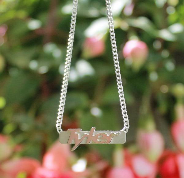 sterling silver raised letter bar necklace